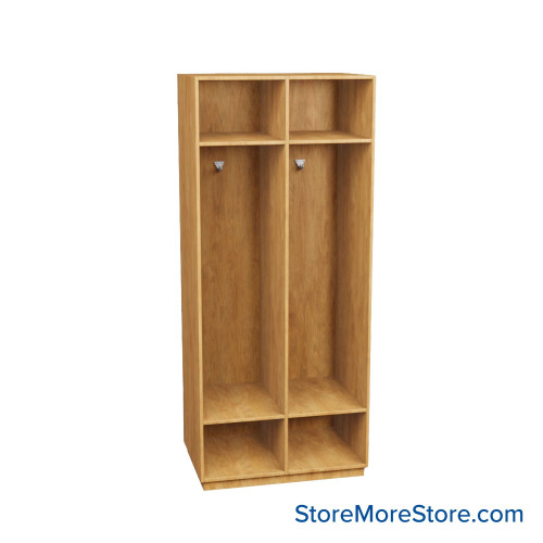 Wooden Storage Locker, 36" W x 24" D x 83.63" H, 18" Locker Width, 2 Lockers, 1 Upper Shelf, 1 Lower Shelf