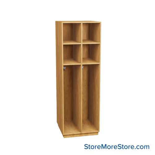 Wooden Storage Locker, 24" W x 24" D x 72.25" H, 12" Locker Width, 2 Lockers, 2 Upper Shelf, No Lower Shelf