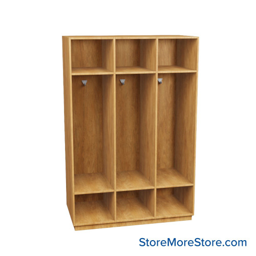 Wooden Storage Locker, 48" W x 24" D x 72.25" H, 16" Locker Width, 3 Lockers, 1 Upper Shelf, 1 Lower Shelf