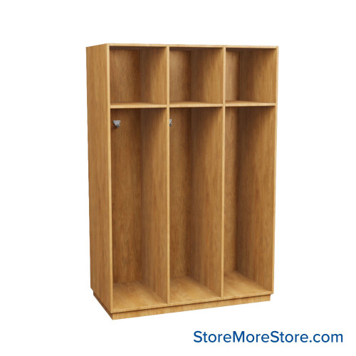 Wooden Storage Locker, 48" W x 24" D x 72.25" H, 16" Locker Width, 3 Lockers, 1 Upper Shelf, No Lower Shelf