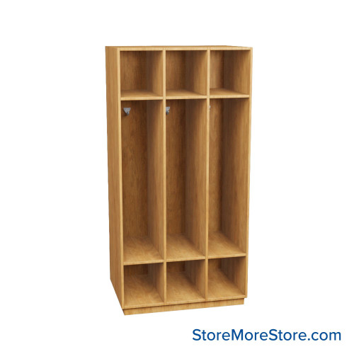 Wooden Storage Locker, 36" W x 24" D x 72.25" H, 12" Locker Width, 3 Lockers, 1 Upper Shelf, 1 Lower Shelf