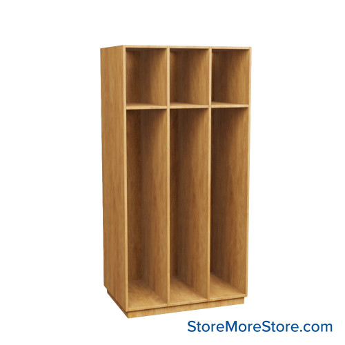 Wooden Storage Locker, 36" W x 24" D x 72.25" H, 12" Locker Width, 3 Lockers, 1 Upper Shelf, No Lower Shelf