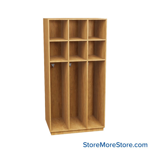 Wooden Storage Locker, 36" W x 24" D x 72.25" H, 12" Locker Width, 3 Lockers, 2 Upper Shelf, No Lower Shelf