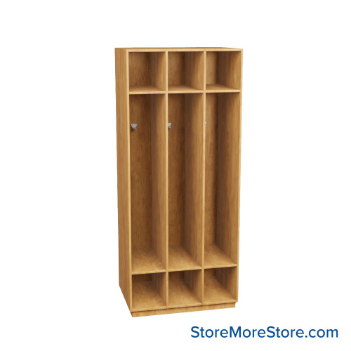 Wooden Storage Locker, 36" W x 24" D x 83.63" H, 12" Locker Width, 3 Lockers, 1 Upper Shelf, 1 Lower Shelf