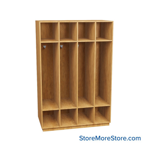 Wooden Storage Locker, 48" W x 24" D x 72.25" H, 12" Locker Width, 4 Lockers, 1 Upper Shelf, 1 Lower Shelf