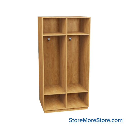 Wooden Storage Locker, 36" W x 24" D x 72.25" H, 18" Locker Width, 2 Lockers, 1 Upper Shelf, 1 Lower Shelf