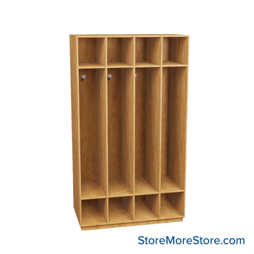 Wooden Storage Locker, 48" W x 24" D x 83.63" H, 12" Locker Width, 4 Lockers, 1 Upper Shelf, 1 Lower Shelf