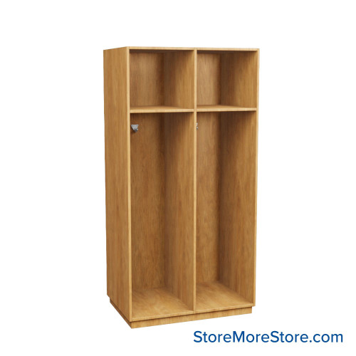 Wooden Storage Locker, 36" W x 24" D x 72.25" H, 18" Locker Width, 2 Lockers, 1 Upper Shelf, No Lower Shelf