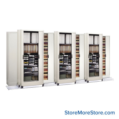 Cabinets on Tracks, 198" W x 59.25" D, 2 Moveable Rows