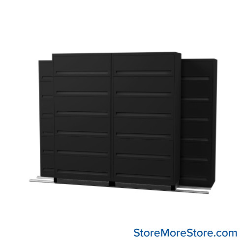 Flipper Door Cabinets on Tracks, 116" W x 36" D x 78" H, 3 Stationary Cabinets, 1 Moveable Row Flipper Door Cabinets on Tracks, 116" W x 36" D x 78" H, 3 Stationary Cabinets, 1 Moveable Row