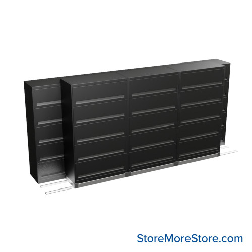 Flipper Door Cabinets on Tracks, 156" W x 36" D x 66.25" H, 4 Stationary Cabinets, 1 Moveable Row, 4 Master Keys Flipper Door Cabinets on Tracks, 156" W x 36" D x 66.25" H, 4 Stationary Cabinets, 1 Moveable Row, 4 Master Keys