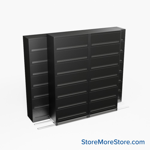 Flipper Door Cabinets on Tracks, 116" W x 36" D x 89.75" H, 3 Stationary Cabinets, 1 Moveable Row, 2 Master Keys