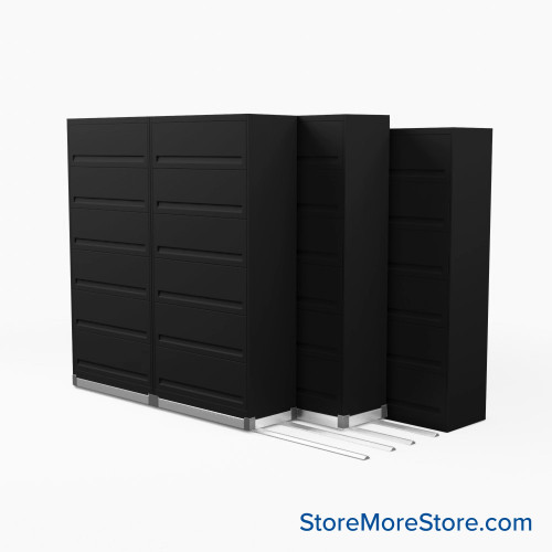 Flipper Door Cabinets on Tracks, 116" W x 56" D x 78" H, 3 Stationary Cabinets, 2 Moveable Rows