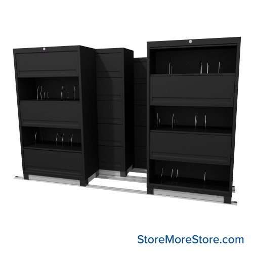 Flipper Door Cabinets on Tracks, 116" W x 56" D x 66.25" H, 3 Stationary Cabinets, 2 Moveable Rows, 2 Master Keys
