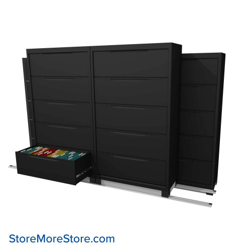 Filing Cabinets on Tracks, 116" W x 40" D, 3 Back Row Cabinets, 1 Moveable Row