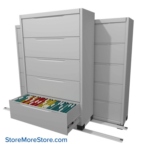 Filing Cabinets on Tracks, 90" W x 40" D, 2 Back Row Cabinets, 1 Moveable Row