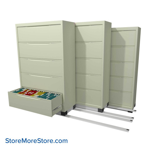 Filing Cabinets on Tracks, 90" W x 61.5" D, 2 Back Row Cabinets, 2 Moveable Rows
