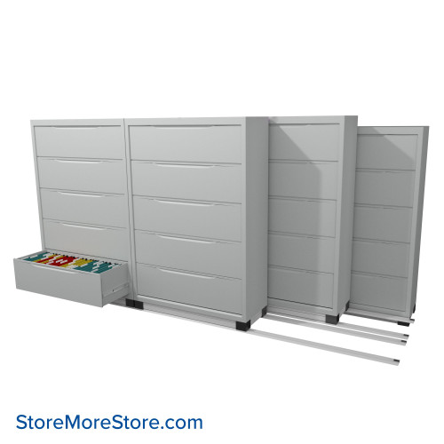 Filing Cabinets on Tracks, 137" W x 61.5" D, 3 Back Row Cabinets, 2 Moveable Rows