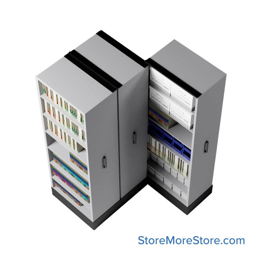 Retractable Shelving Systems, 49.5" W x 43" D x 82" H, 3 Pull-Out Units, 36" Shelf Width, 15" Shelf Depth