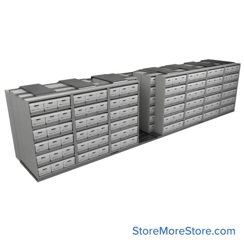 Sliding Box Shelving Storage Systems, 340" W x 71.5" D x 81.75" H, 8 Stationary Rows, 42" Shelf Width, 3 Moveable Rows