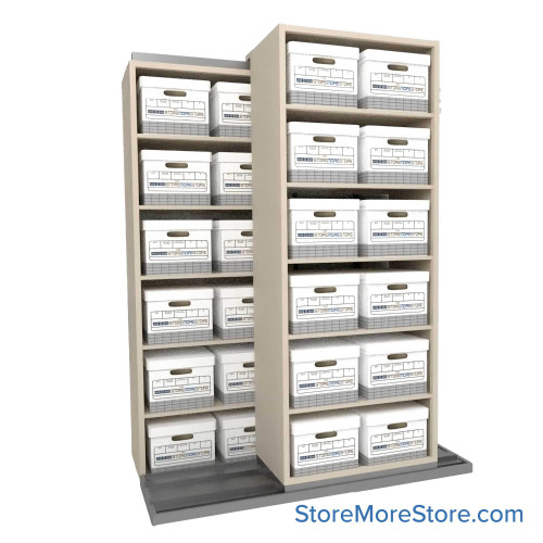 Sliding Box Shelving Storage Systems, 64" W x 34.5" D x 81.75" H, 2 Stationary Rows, 30" Shelf Width, 1 Moveable Row
