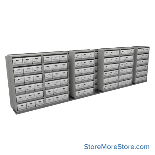 Sliding Box Shelving Storage Systems, 298" W x 34.5" D x 81.75" H, 7 Stationary Rows, 42" Shelf Width, 1 Moveable Row