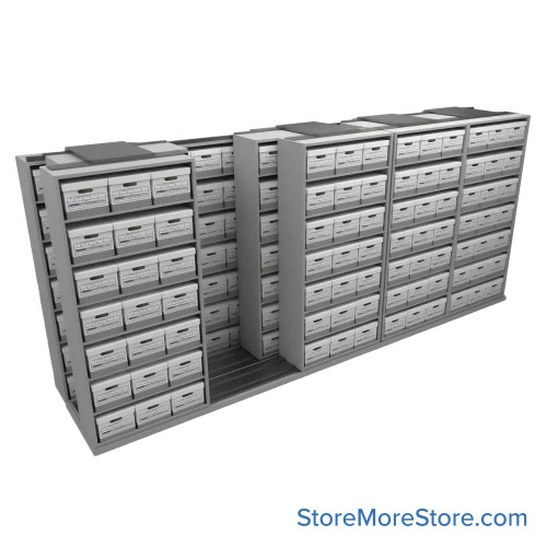 Sliding Box Shelving Storage Systems, 214" W x 53" D x 93.75" H, 5 Stationary Rows, 42" Shelf Width, 2 Moveable Rows