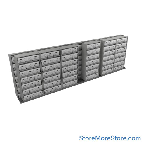 Sliding Box Shelving Storage Systems, 298" W x 34.5" D x 93.75" H, 7 Stationary Rows, 42" Shelf Width, 1 Moveable Row