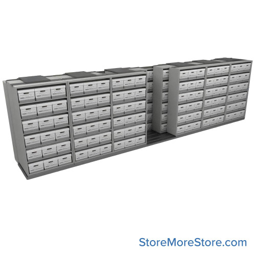 Sliding Box Shelving Storage Systems, 298" W x 53" D x 81.75" H, 7 Stationary Rows, 42" Shelf Width, 2 Moveable Rows