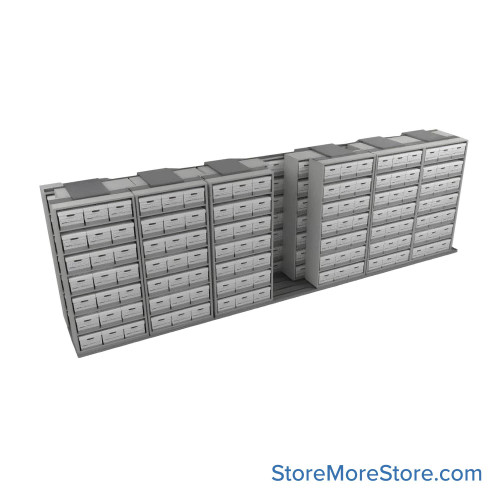 Sliding Box Shelving Storage Systems, 298" W x 53" D x 93.75" H, 7 Stationary Rows, 42" Shelf Width, 2 Moveable Rows