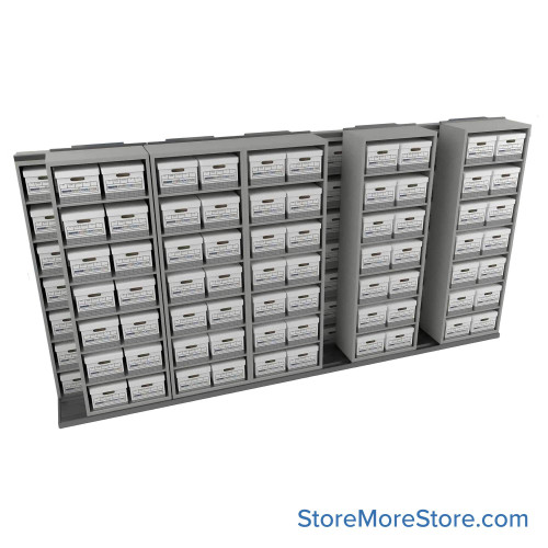 Sliding Box Shelving Storage Systems, 184" W x 34.5" D x 93.75" H, 6 Stationary Rows, 30" Shelf Width, 1 Moveable Row
