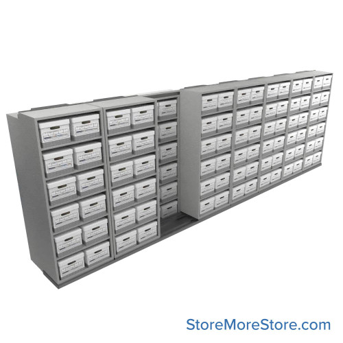 Sliding Box Shelving Storage Systems, 249" W x 34.5" D x 81.75" H, 8 Stationary Rows, 30" Shelf Width, 1 Moveable Row