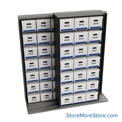Sliding Box Shelving Storage Systems, 88" W x 34.5" D x 93.75" H, 2 Stationary Rows, 42" Shelf Width, 1 Moveable Row
