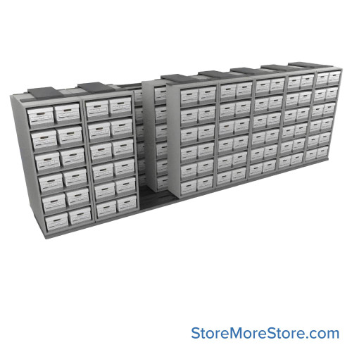 Sliding Box Shelving Storage Systems, 249" W x 53" D x 81.75" H, 8 Stationary Rows, 30" Shelf Width, 2 Moveable Rows