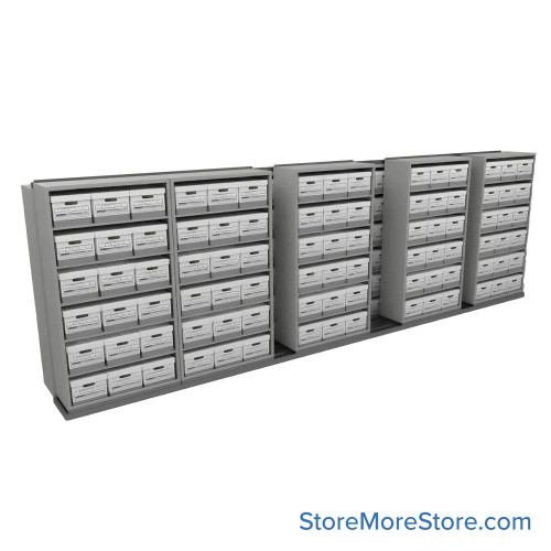 Sliding Box Shelving Storage Systems, 260" W x 34.5" D x 81.75" H, 6 Stationary Rows, 42" Shelf Width, 1 Moveable Row