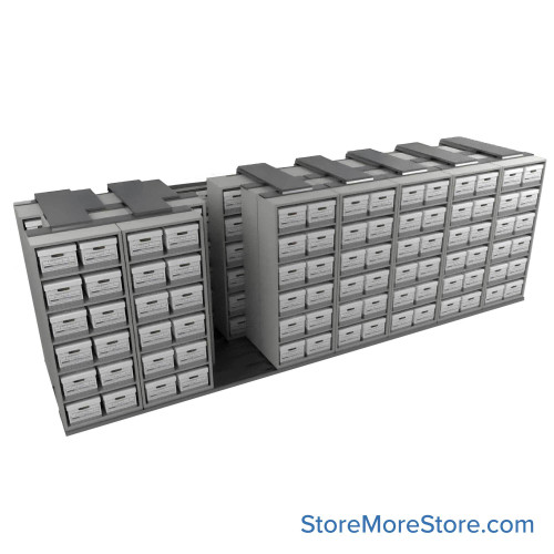 Sliding Box Shelving Storage Systems, 249" W x 34.5" D x 81.75" H, 8 Stationary Rows, 30" Shelf Width, 3 Moveable Rows