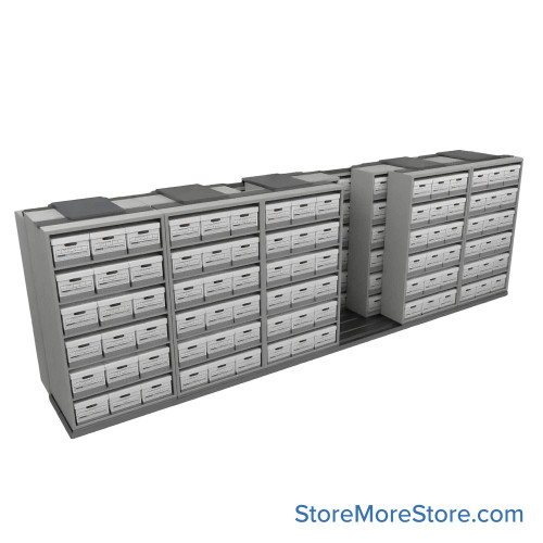 Sliding Box Shelving Storage Systems, 260" W x 53" D x 81.75" H, 6 Stationary Rows, 42" Shelf Width, 2 Moveable Rows