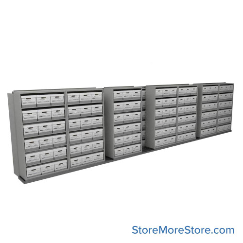 Sliding Box Shelving Storage Systems, 340" W x 34.5" D x 81.75" H, 8 Stationary Rows, 42" Shelf Width, 1 Moveable Row