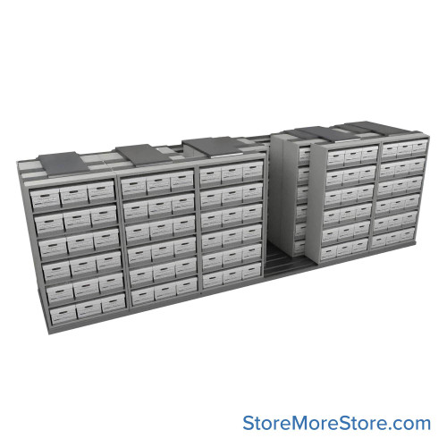 Sliding Box Shelving Storage Systems, 260" W x 71.5" D x 81.75" H, 6 Stationary Rows, 42" Shelf Width, 3 Moveable Rows