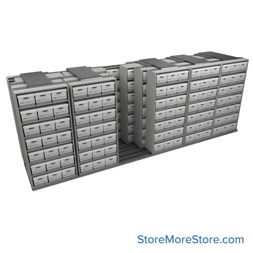 Sliding Box Shelving Storage Systems, 260" W x 71.5" D x 93.75" H, 6 Stationary Rows, 42" Shelf Width, 3 Moveable Rows