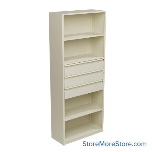 Shelving Units with Drawers, 36" W x 88.25" H, 3 Drawers, 31-1/2"W x 13-3/8"D x 6-7/8"H Drawer Dimensions