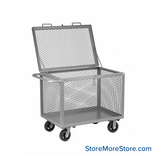 Rolling Box Cart, 48" W x 30" D, Wire Mesh Sides, 6" Molded Rubber Casters, Includes Lid w/ Padlock Loop