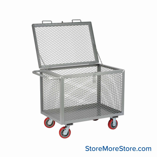 Rolling Box Cart, 36" W x 24" D, Wire Mesh Sides, 6" Polyurethane Casters, Includes Lid w/ Padlock Loop