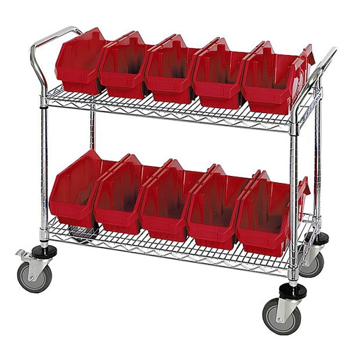 Double Sided Bin Cart, 2 Shelves, 10 Bins, 6.625"W x 12.5"D x 5"H Bin Sizes Double Sided Bin Cart, 2 Shelves, 10 Bins, 6.625"W x 12.5"D x 5"H Bin Sizes