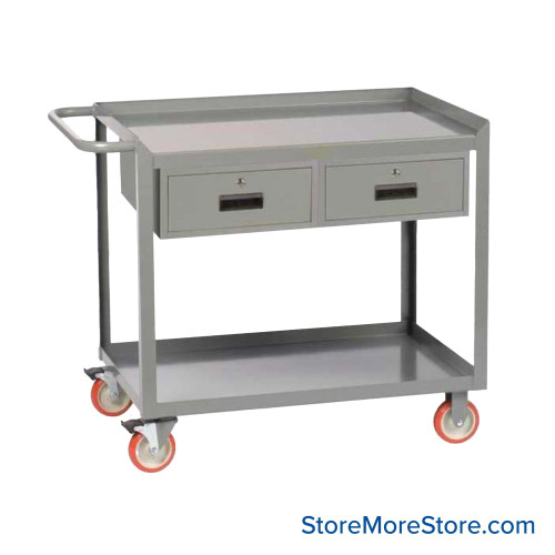 Heavy Duty Shelf Cart, 48" D x 34" H, Retaining Lip, Two Locking Drawers