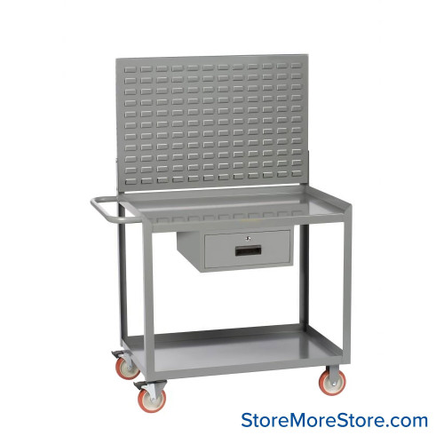 Heavy Duty Shelf Cart, 48" D x 34" H, Retaining Lip, One Locking Drawer/ Two Shelves With Louvered Panel