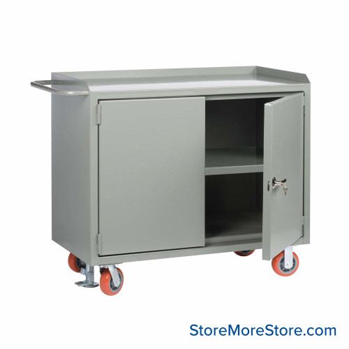 Cabinet Workbenches, 48" W x 41" H, Powder Coated Steel, Solid Doors, Floor Lock, Welded Center Shelf