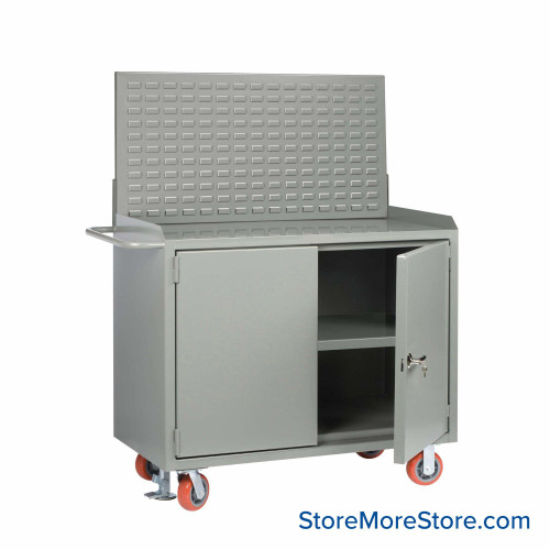Cabinet Workbenches, 48" W x 41" H, Powder Coated Steel, Solid Doors, Louvered Panel/Floor Lock, Welded Center Shelf