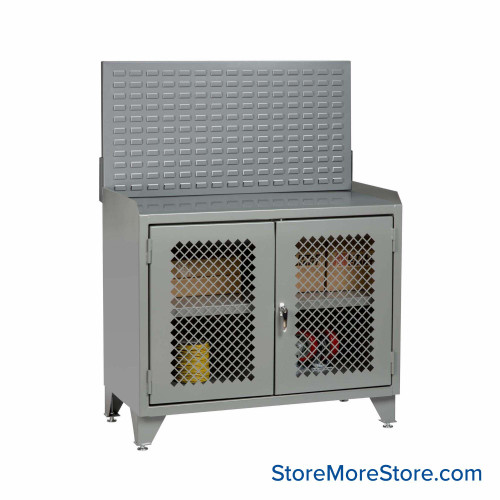Cabinet Workbenches, 48" W x 41" H, Powder Coated Steel, Clearview Doors, Louvered Panel, Welded Center Shelf