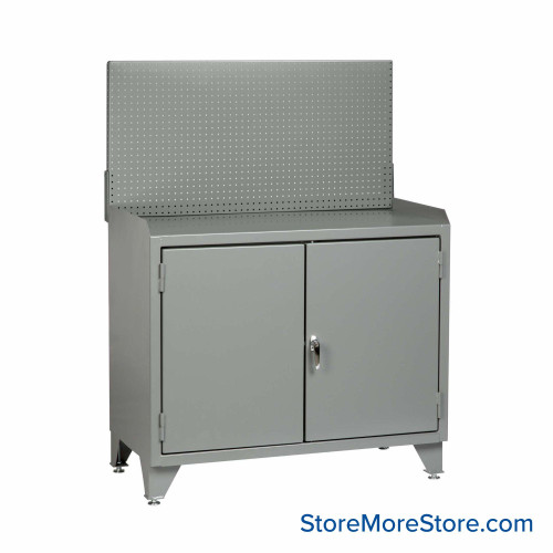 Cabinet Workbenches, 48" W x 41" H, Powder Coated Steel, Solid Doors, Pegboard Panel, Welded Center Shelf